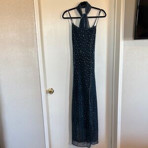 Elegant Blue evening dress with scarf. Size large. Cross back.